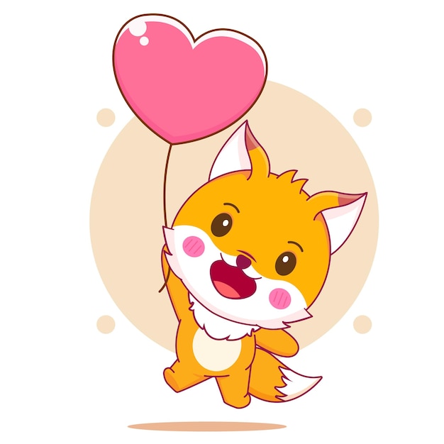 Lindo zorro flotando con personaje de dibujos animados de globos de amor