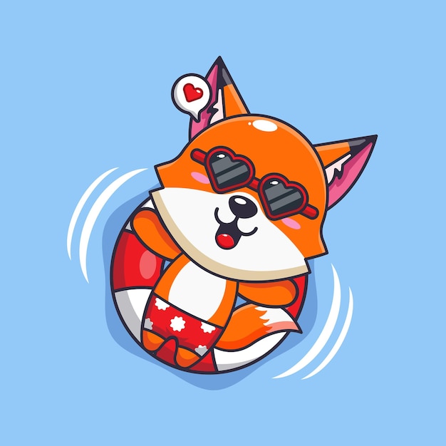 Un lindo zorro con gafas de sol flota con una boya Ilustración de dibujos animados de verano