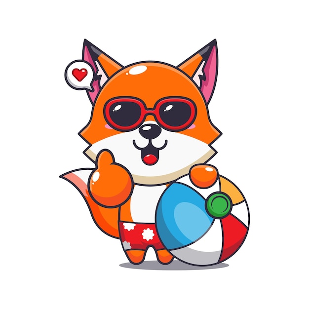 Lindo zorro con gafas de sol con ilustración de dibujos animados de pelota de playa Linda ilustración de dibujos animados de verano