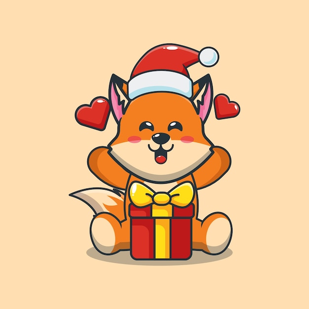Vector lindo zorro con gorro de papá noel con caja de regalo en el día de navidad linda ilustración de dibujos animados de navidad