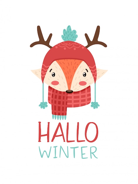 Vector lindo zorro de invierno con sombrero y cuernos con texto hallo winter