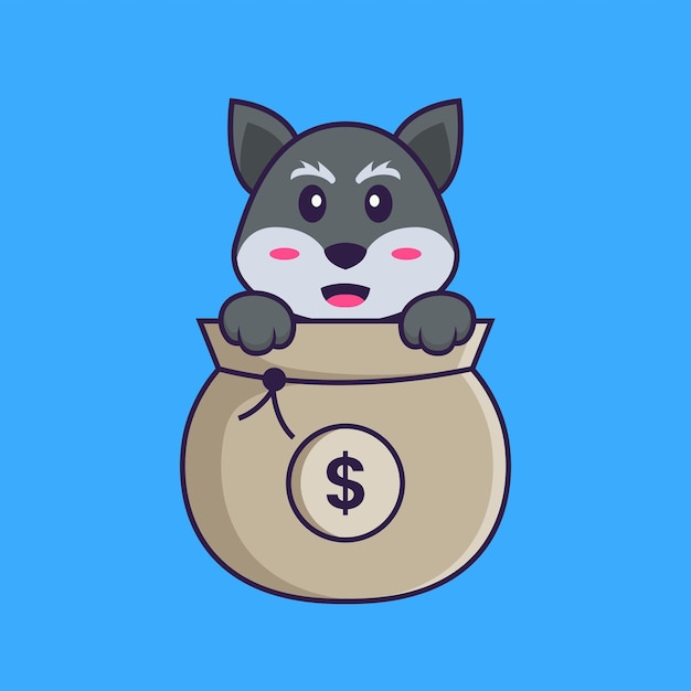 Lindo zorro jugando en la bolsa de dinero. Concepto de dibujos animados de animales aislado.