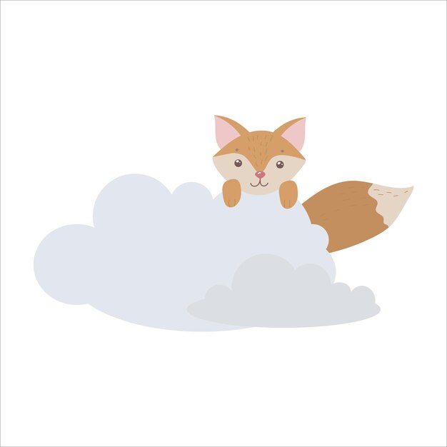 Lindo zorro en la nube El zorro rojo se esconde entre las nubes Globos y dirigible Ilustración infantil Lindo vector de impresión Aislado en un fondo blanco