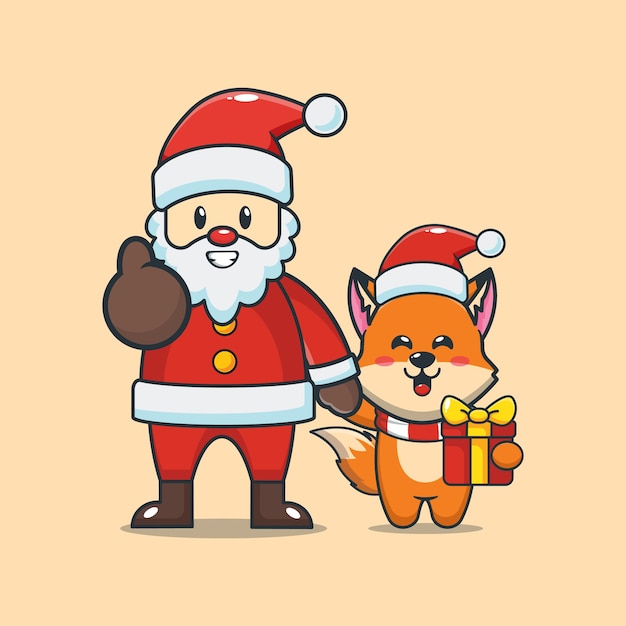 Lindo zorro con santa claus en el día de Navidad Linda ilustración de dibujos animados de Navidad