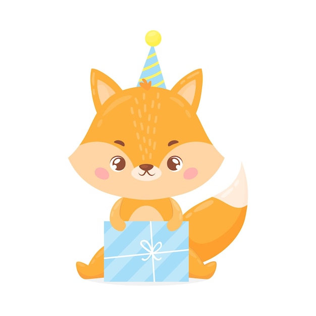 Lindo zorro sentado con una caja de regalo, estrellas y confeti.
