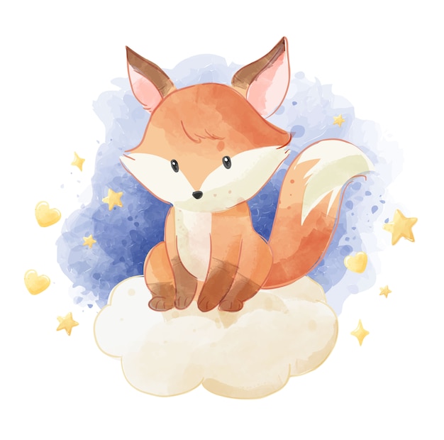 lindo zorro sentado en la nube con estrellas