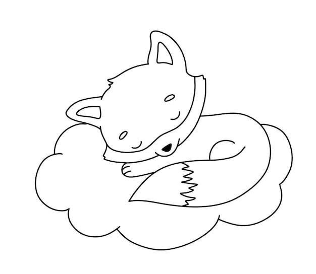Lindo zorro soñando en la nube Ilustración de contorno vectorial dibujado a mano de dibujos animados para colorear libro Línea animal bebé