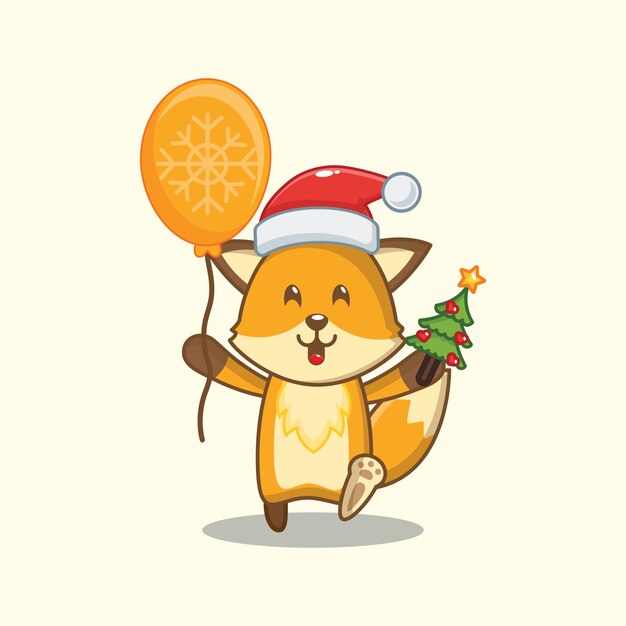 lindo zorro sosteniendo globo y árbol de navidad. navidad ilustracion