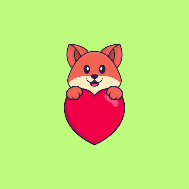 Lindo zorro sosteniendo un gran corazón rojo. concepto de dibujos animados de animales aislado.