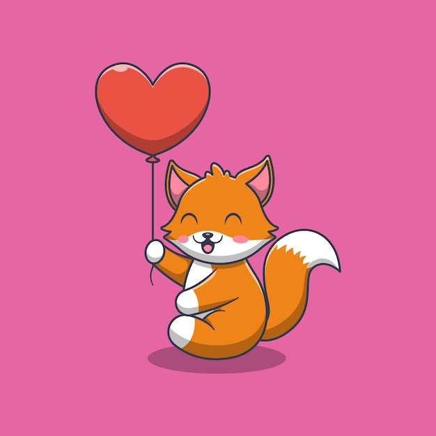 Lindo zorro sosteniendo una ilustración de dibujos animados de globo de amor