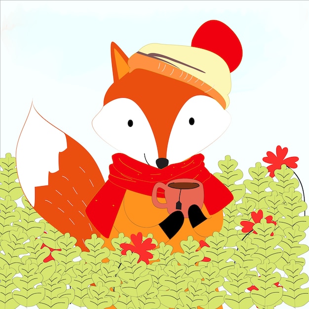 Lindo zorro y su copa en el bosque de dibujos animados