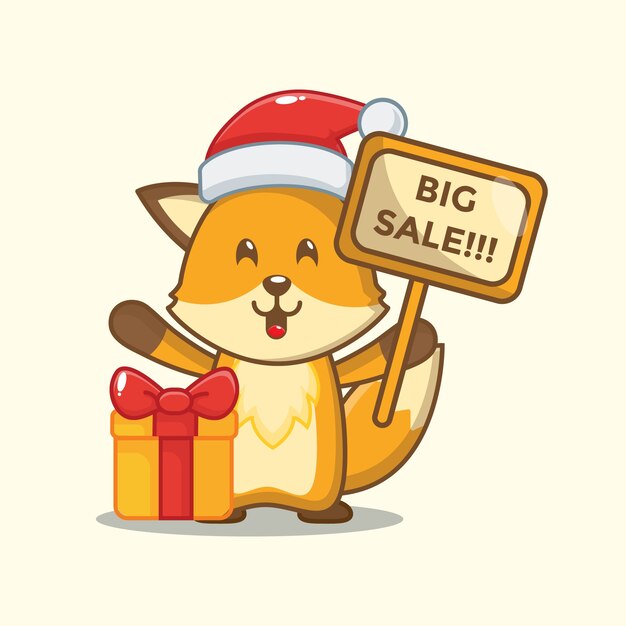 lindo zorro con tablero de venta y caja de regalo de navidad. navidad ilustracion