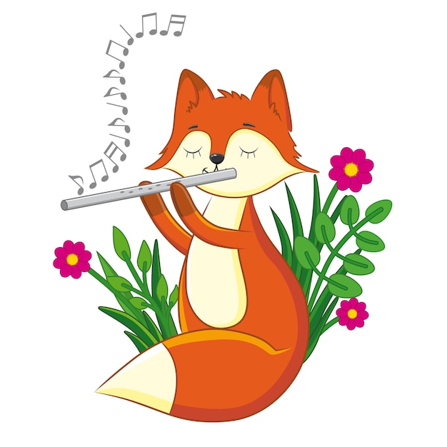 Lindo zorro tocando una melodía en la flauta Dibujo vectorial de un lindo zorro