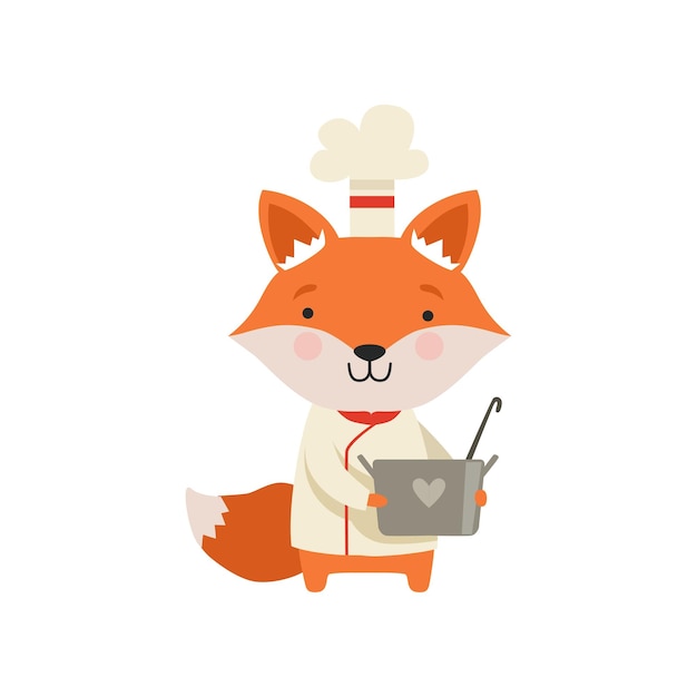 Lindo zorro en uniforme de chef sosteniendo cacerola personaje animal de dibujos animados vector de cocina ilustración aislada sobre fondo blanco