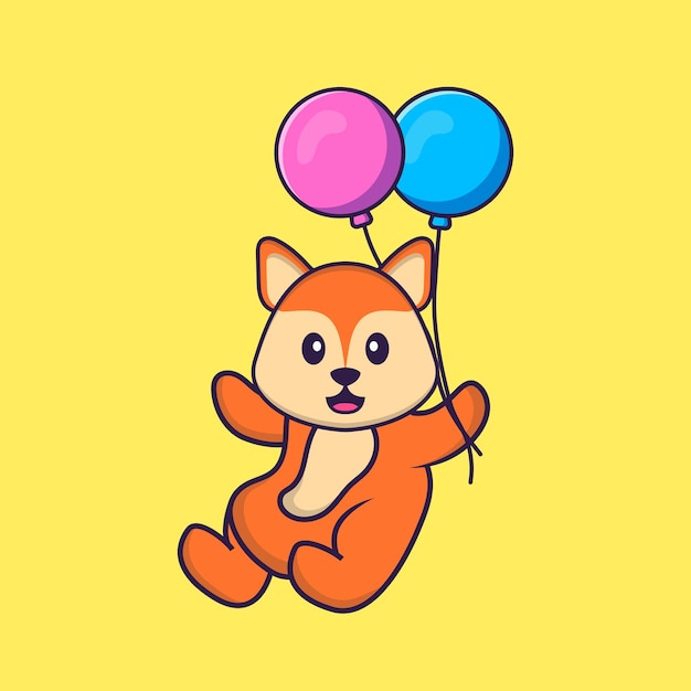 Lindo zorro volando con dos globos concepto de dibujos animados de animales aislado