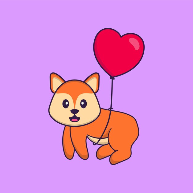 Lindo zorro volando con globos en forma de amor. Concepto de dibujos animados de animales aislado. Estilo de dibujos animados plana