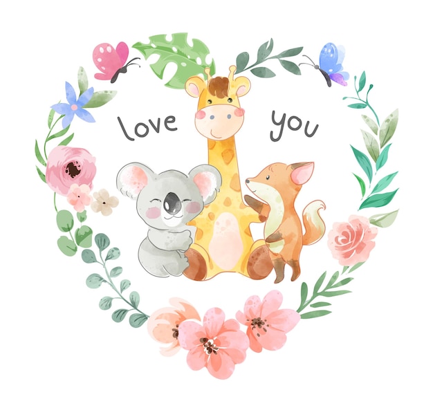 Lindos amigos animales salvajes en coloridas flores ilustración de corazón