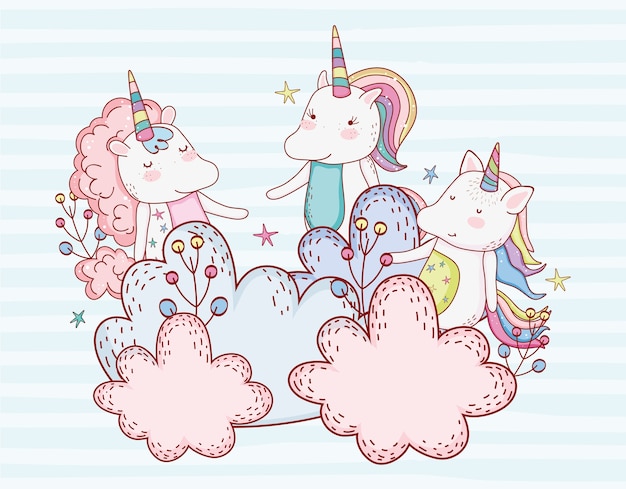 Lindos amigos unicornios con plantas en las nubes