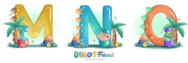 Vector lindos amiguitos dinosaurios con ilustración de acuarela del alfabeto