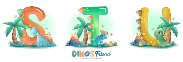 Lindos amiguitos dinosaurios con ilustración de acuarela del alfabeto