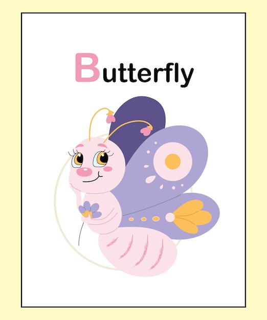 Lindos animales adorables letra del alfabeto b para la educación de los niños de la a a la z mariposa. tarjeta de aprendizaje divertido