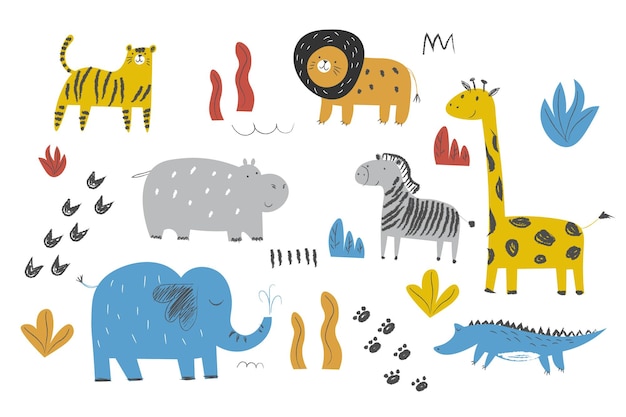Lindos animales africanos y plantas en estilo escandinavo Vector dibujado a mano de color conjunto simple para niños Elefante cebra cocodrilo león Dibujos animados animales EPS