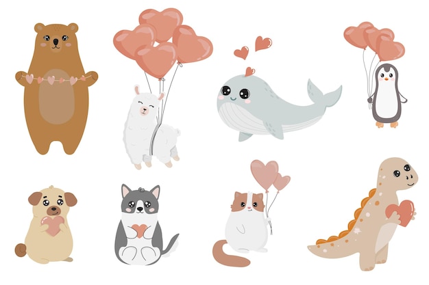Lindos animales divertidos con corazones en estilo boho Feliz día de San Valentín Objetos aislados