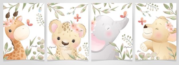 Lindos animales doodle con colección floral