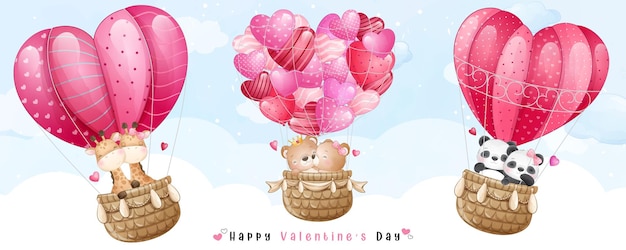 Lindos animales doodle volando con globo de aire para San Valentín