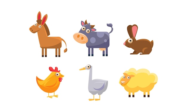 Lindos animales de granja conjunto burro vaca pollo conejo ganso oveja vector ilustración aislada sobre fondo blanco