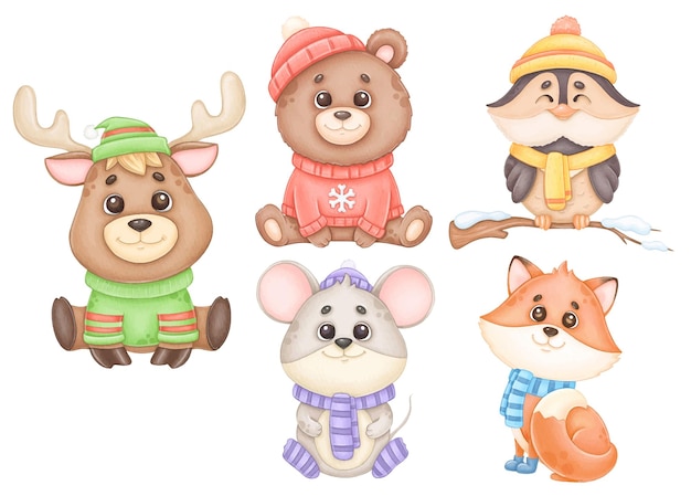 Lindos animales de invierno acuarela clipart