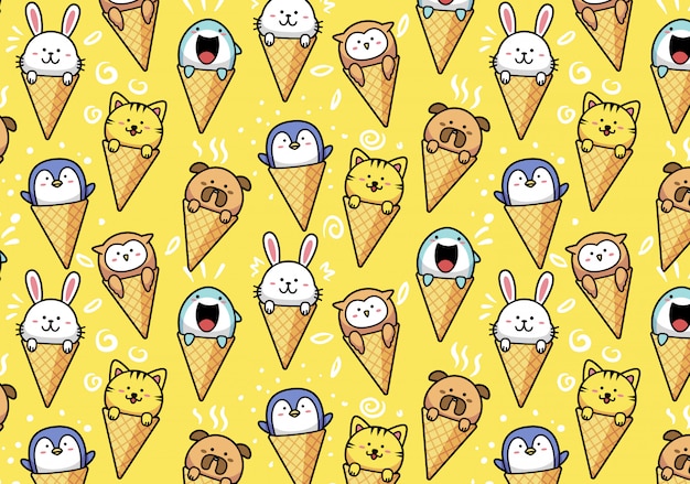 Vector lindos animales kawaii en cono de helado