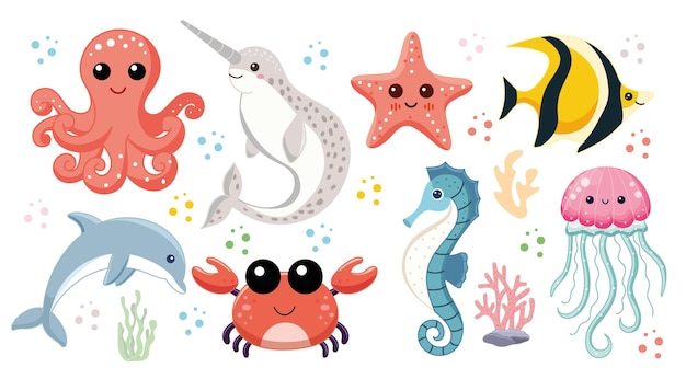 Vector lindos animales marinos conjunto de ilustraciones con habitantes acuáticos del pulpo oceánico