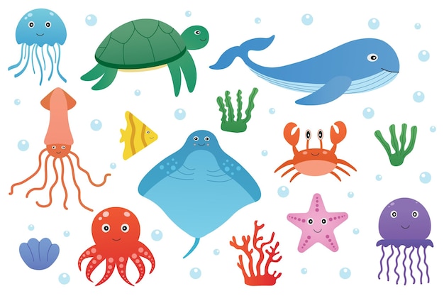Lindos animales marinos y oceánicos Conjunto de personajes de dibujos animados Shell medusas cangrejo stingray algas