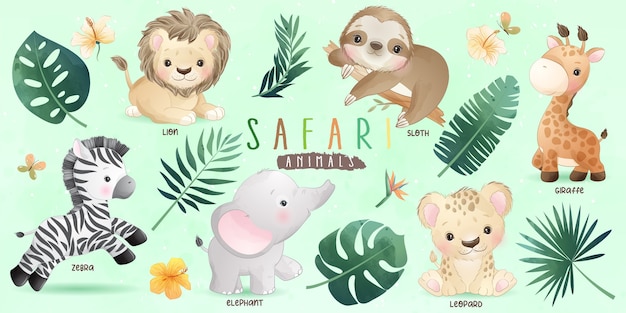 Lindos animales de safari doodle con colección floral