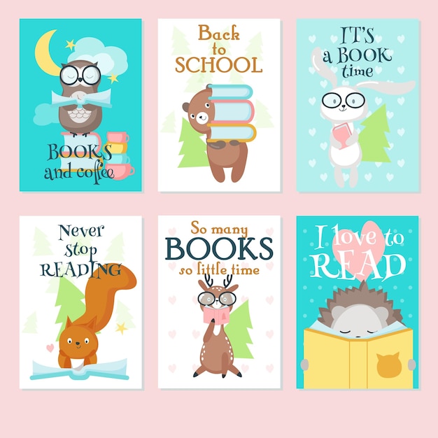 Lindos animales salvajes leyendo libros vector conjunto de tarjetas