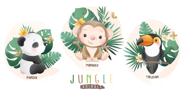 Lindos animales de la selva con colección floral.