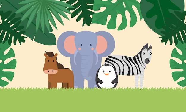 Lindos animales de la selva en estilo de dibujos animados, animales salvajes, diseños de zoológico para ilustración de fondo