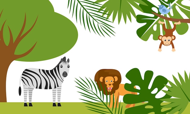 Vector lindos animales de la selva en estilo de dibujos animados, animales salvajes, diseños de zoológico para ilustración de fondo