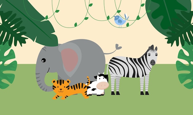 Lindos animales de la selva en estilo de dibujos animados, animales salvajes, diseños de zoológico para ilustración de fondo