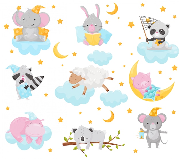 Lindos animalitos durmiendo bajo un conjunto de cielo estrellado, encantador elefante, conejito, panda, mapache, oveja, lechón, hipopótamo durmiendo en las nubes, elemento de diseño de buenas noches, dulces sueños Ilustración