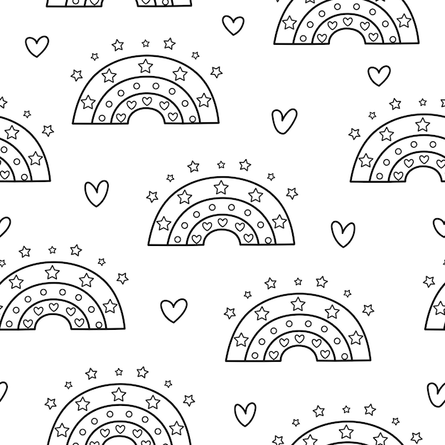 Lindos arco iris y corazones en blanco y negro de patrones sin fisuras Fondo mágico para niños en contorno