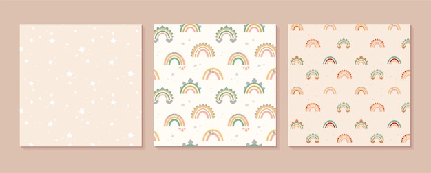 Lindos arcoíris y estrellas en patrón plano de estilo boho en colores pastel