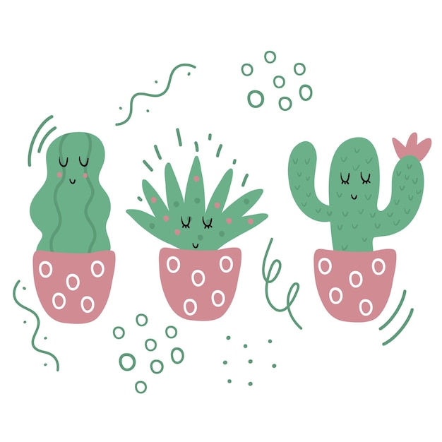 Lindos cactus de dibujos animados. caracteres vectoriales. planta casera