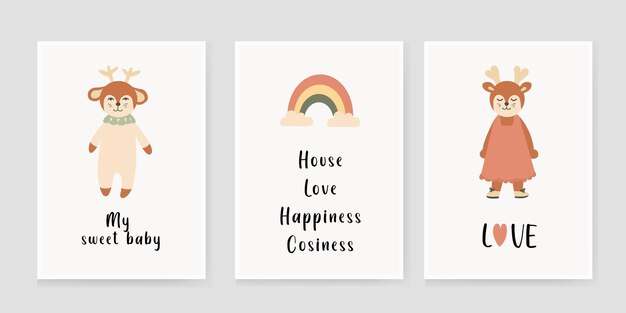 Lindos carteles de bebé en estilo boho con ciervos y estampados de vectores de arco iris para el baby shower de la guardería