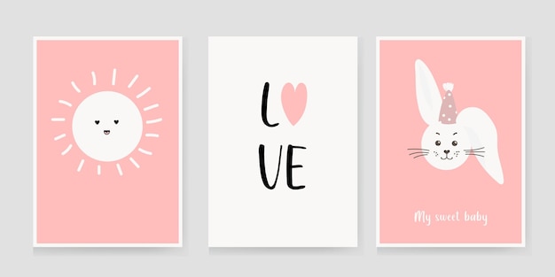 Lindos carteles con un conejo amor texto sol vector impresiones para el saludo de la fiesta de bienvenida al bebé de la guardería