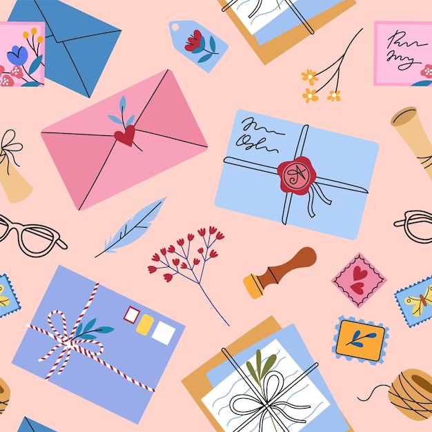 Lindos colores delicados sobres Románticas postales hechas a mano cartas de papel mensajes retro herbario lacre vector de patrones sin fisuras