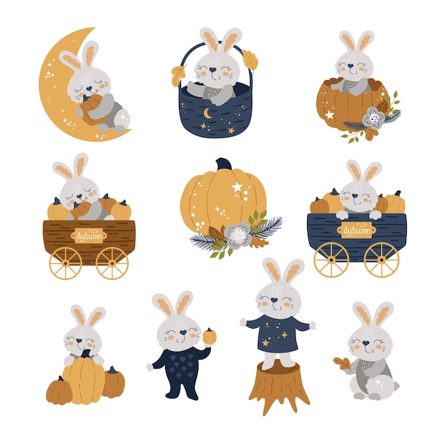 Lindos conejitos, juego de otoño. Estampados de conejos para ropa, platos, textiles o postales para tu diseño. Ilustración de vector EPS10.