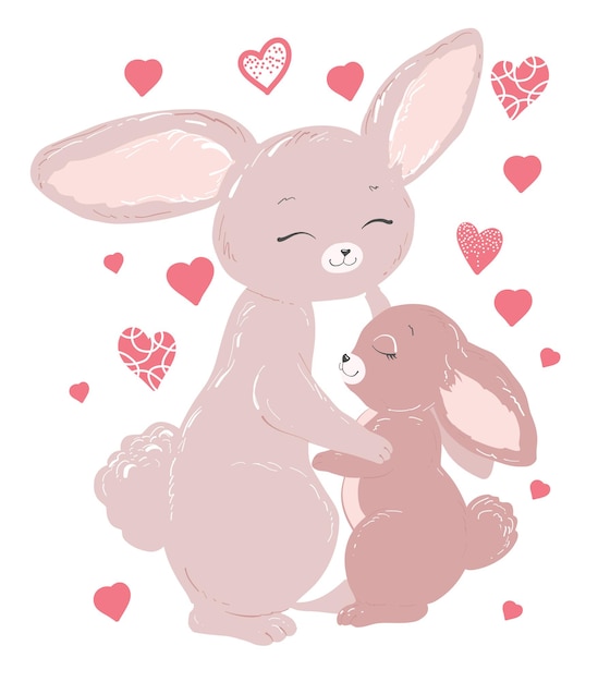 Lindos conejitos mamá y bebé se abrazan ilustración vectorial