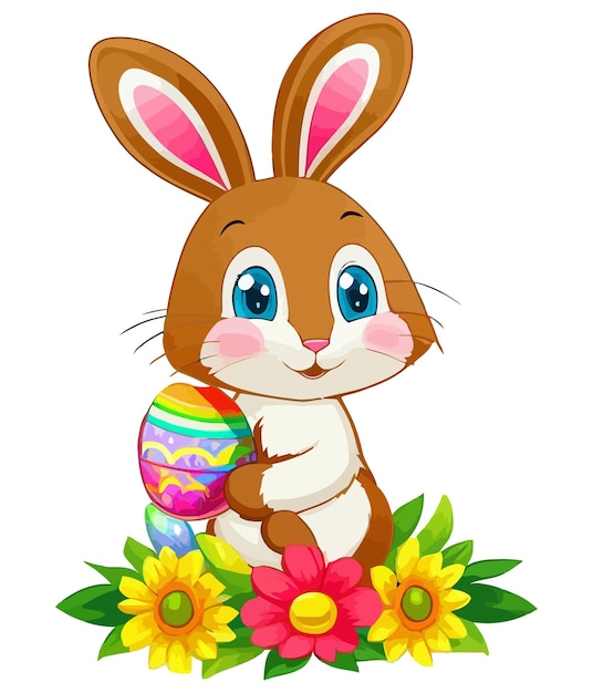 Lindos conejos blancos en varias poses con fondo blanco Coloridos huevos de Pascua ilustración vectorial